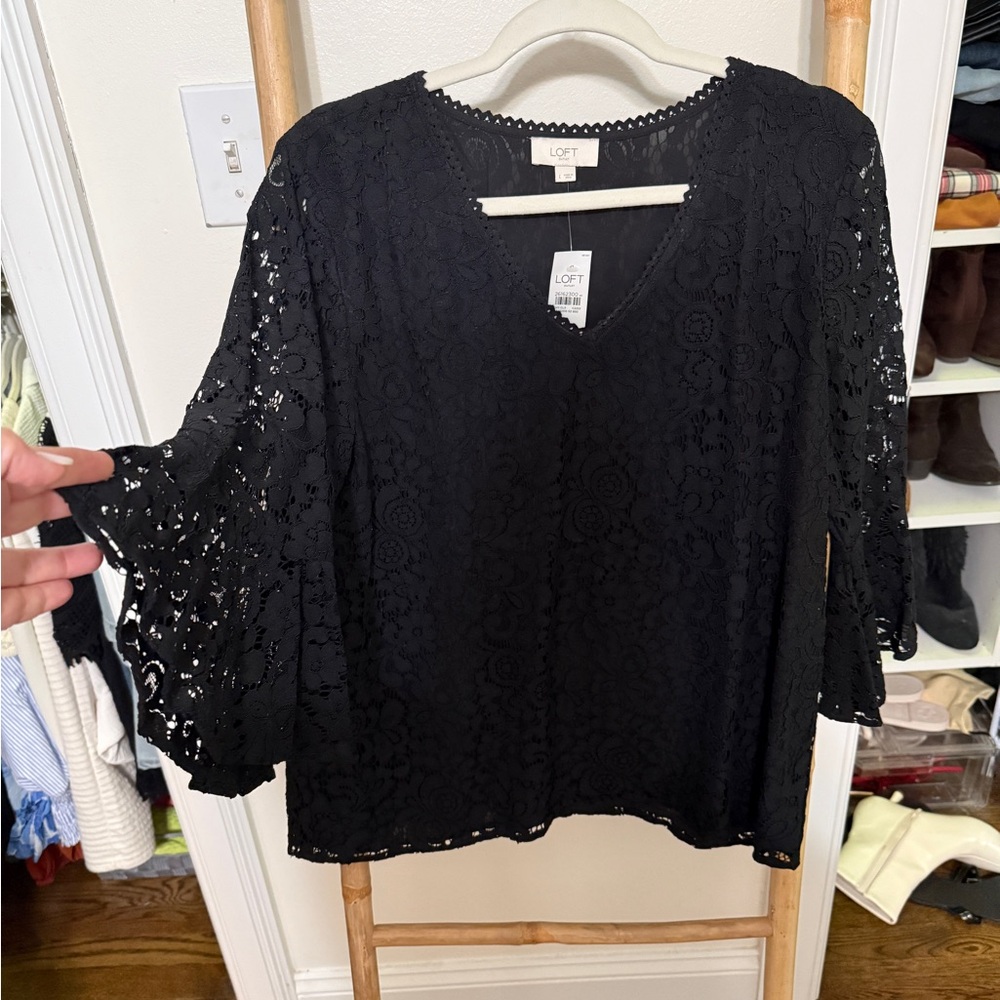 LOFT Black Bell Sleeve Blouse Relaxed Fit